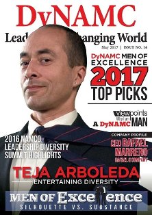 Portrait of Teja Arboleda superimposed on DyNAMC organizational magazine cover with title, text, in part, reading "Men of Excellence"