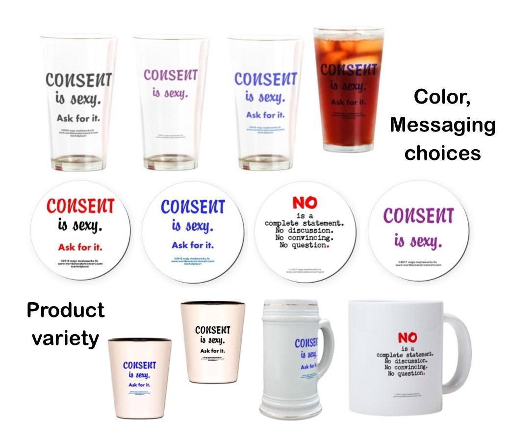 Composite image of numerous Bar-Restaurant Online Store section products and design messaging with text saying, "Color, Messaging Choices" and "Product Variety"